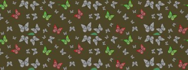 Raster illüstrasyonu. Tekrarlanan kelebekler. Çizim, karalama, karalama. Sonsuz. Elle çizilmiş sevimli kız çizimi deseni.