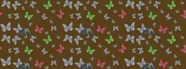 Raster illüstrasyonu. Parmak izi dokuları için sevimli kelebek çizimi deseni. Kahverengi kelebek deseni. Giysi tasarımı için dekor arkaplanı.