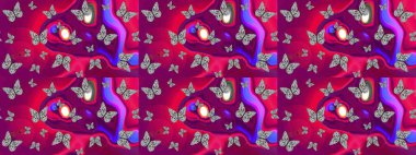 Mor renkte soyut sevimli kelebek. Eskiz kalıbı arka planı. Basit bir şekilde. Raster illüstrasyonu.