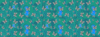 Elle çizilmiş illüstrasyon. Kelebekli çizim şekli. Raster renkli sonsuz doku. Bahar ve yaz tasarımı için renkli arkaplan.