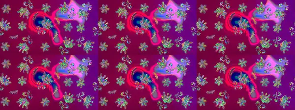 Süslü kumaş deseni. Renkli Bahar Teması eskiz kalıbı. Düz Çiçek Elementleri Tasarımı. Raster illüstrasyonunda çiçek deseni çizimi.