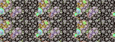 Asya tekstil tarzında. Raster illüstrasyonu. Siyah renkli çiçekler. Raster illüstrasyonu. Çiçek desenini çiz.