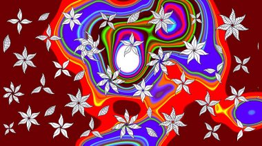 Modern çiçek arkaplanı. Moda baskıları için zarif bir şablon. Parlak renkli çiçekli ve kırmızı yapraklı harika bir çiçek deseni. Halk stili.