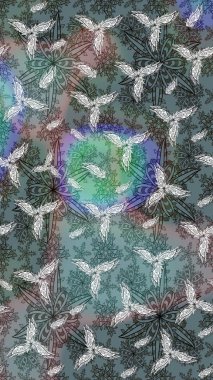 Raster çiçek desenli çiçek deseni, yapraklar, dekoratif elementler, sıçrama, lekeler, el çizimi kontur çizgileri ve Doodle çizim stili, grafik raster çizim çizimi.