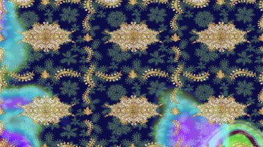 Raster illüstrasyonu. Çizim altın desenli bukleler. Raster altın desen. Altın elementli mavi renkler. Doğu tarzı arabesk.