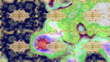 Barok tarzında duvar kâğıdı tasarımı için eskiz şablonu arka planı. Altın elementlerle yeşil renklerde altın desen. Süslü raster dekorasyonu.