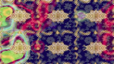 Çiçek desenli altın metal. Raster altın çiçek süsü brokar kumaş ve cam desenli. Altın şablonu çiz. Altın elementli mavi renkler.