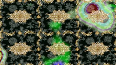 Altın elementlerle siyah renklerde altın desen. Barok tarzında duvar kâğıdı tasarımı için eskiz şablonu arka planı. Süslü raster dekorasyonu.