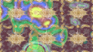 Altın şablonu çiz. Kahverengi renklerde altın desenler ve altın elementler. Raster doğulu süsü.