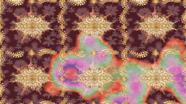 Raster altın tekstil baskısı. Kahverengi renklerde altın desenler ve altın elementler. Eskiz desenli oryantal süs. İslam tasarımı. Çiçek karoları.