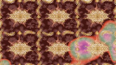 Çiçek süslemeli Raster eskiz deseni. Kahverengi renkli geleneksel Arap dekoru. Süslü dantel iz sürücü. Duvar kâğıdı için altın süslü bir illüstrasyon. Doğu tarzında vintage tasarım ögesi.