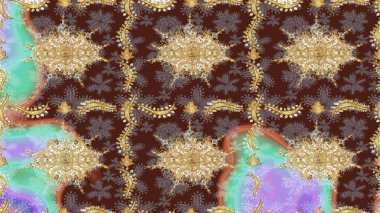 Mor renklerde çizim kalıbı. Çizim altın desenli bukleler. Doğu tarzı arabesk tarzında altın elementler. Raster altın eskiz deseni.