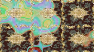 Raster eskiz deseni altın antika ortaçağ dekoratifi yapraklar ve altın desenli süslemeler ile tarafsız renklerde. Kraliyet lüksü, altın barok kumaş rengi..