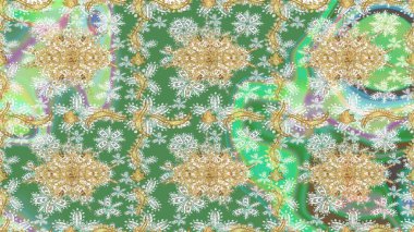 Yeşil renkler ve altın elementler üzerine eskiz modeli. Noel, kar tanesi, yeni yıl. Yeşil renkler ve altın elementler üzerine altın çizim deseni.
