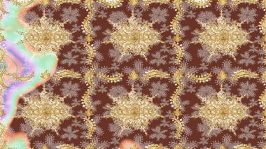 Kahverengi renklerde altın desenler ve altın elementler. Klasik altın desenli çizim. Raster geleneksel oryantasyon süsü.