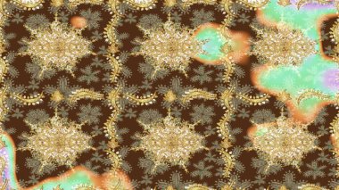 Tasarım için Damask çizim kalıbı. Kahverengi renklerde altın elementlerle Raster çizim deseni.