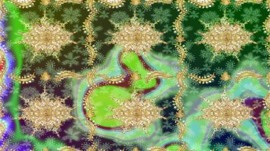 Lüks, kraliyet ve Viktorya dönemi konsepti. Yeşil yerine altın rengi barok çiçekli eskiz deseni. Yeşil renklerdeki altın element. Süslü raster dekorasyonu.