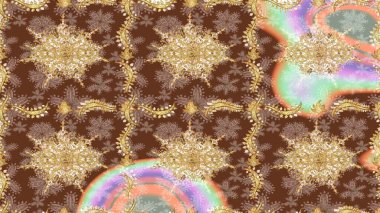 Raster eskiz deseni, altın antika ortaçağ dekoratifi, yapraklar ve kahverengi renkli altın desenli süslemeler. Kraliyet lüksü, altın barok kumaş rengi..