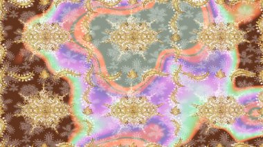 Barok tarzında eskiz oryantal süsü. Altın elementlerle nötr renklerde altın desen. Geleneksel klasik altın desen. Raster doğulu süsü.