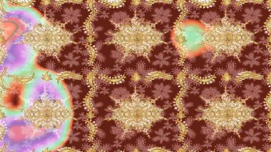 Altın şablonu çiz. Çiçek desenli altın metal. Raster altın çiçek süsü brokar kumaş ve cam desenli. Altın elementli bej renkler.