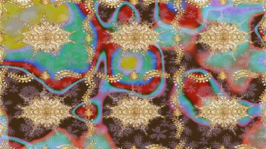 Altın desenli bukleler çiz. Parlak dantel, stilize çiçekler, şal desenli. Hassas altın deseni açın. Doğu tarzı arabesk. Kahverengi renkli ve altın elementli eskiz deseni. Raster sanatı.