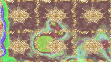 Damask arkaplanı. Kahverengi renkte altın bir element. Altın çiçekli eskiz deseni. Barok tarzında altın çiçekli süs..