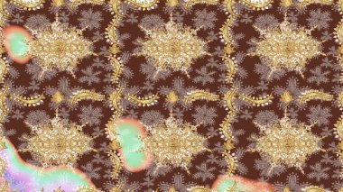 Çiçek süsü kumaş deseni, cam, altın elementlerle kahverengi renklerde çiçek desenli metal. Klasik Raster altın eskiz modeli..