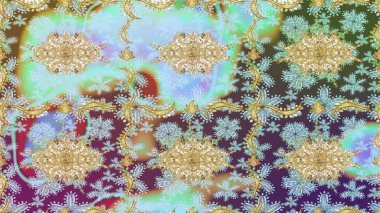 El yapımı dekoratif çerçeve, albüm kapağı, tebrik kartı, klasik Art deco tarzı. Raster soyut çiçek çelengi altın karalama fantezi yaprakları ve tarafsız renklerde çiçek.