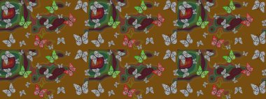 Kumaş, tekstil, baskı ve davetiye için arka plan. Çizim kalıbı. Raster illüstrasyonu. Kahverengi renkte güzel renkli kelebekler.