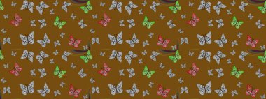 Kağıt, kumaş ve ambalaj için uygun. Raster. Çizim kalıbı. Kahverengi sevimli arka planda kelebekler.