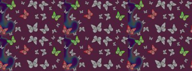 Raster illüstrasyonu. Kahverengi arka planda kelebek desenli çizim. Kumaş, kağıt, ambalaj kağıdı ve duvar kağıdı tasarımı için sevimli bir arkaplan.