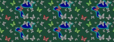 Eskiz kalıbı arka planı. Raster illüstrasyonu. Basit bir şekilde. Yeşil renkte soyut sevimli kelebek.