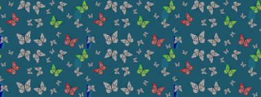 Bir sürü kelebek desenli çizim. Fantezi çizimi. Erkekler, kızlar, kıyafetler, duvar kağıtları için soyut bir model. Raster. Mavi renkli resimler.