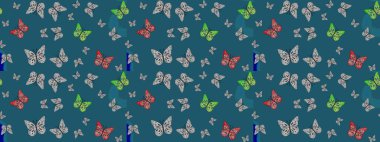 Kart, Davetiye ve Yazdırma için Şirin Kadınsı Desen. Renkli Kelebeklerle Bahar Arkaplanı. Güzel Kelebek Siluetleriyle Moda Dekorasyonu. Mavi renkte Raster Arkaplanı.