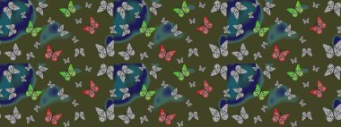 Raster illüstrasyonu. Kumaş, kağıt, ambalaj kâğıdı ve duvar kağıdı tasarımı için güzel bir arka plan. Renkli kelebeklerin eskiz arka planı.