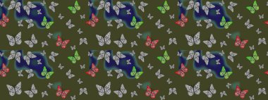Raster çiçek desenli kelebek deseni. Yeşil renkli illüstrasyon. Kağıt, kumaş ve ambalaj için uygun.