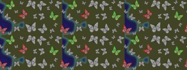 Yeşil arka planda renkli kelebek koleksiyonu. Kart, baskı ve davetiye için basit kadınsı bir model. Robot resim. Raster illüstrasyonu. Kağıt, kumaş ve ambalaj için uygun.