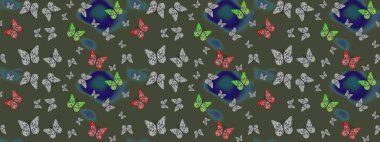 Sırtın için parlak bir dövme. Raster. Tropik gerçekçi kelebek. Kelebek tasviri. Yeşil arka planda güzel renkli kelebek.