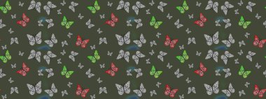 Çizim kalıbı. Kumaş, tekstil, baskı ve davetiye için arka plan. Raster illüstrasyonu. Yeşil renkte güzel renk kelebekleri.