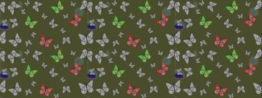 El çizimi kelebekli moda raster yaz deseni. Kağıt, kumaş, ambalaj kağıdı ve duvar kâğıdı tasarımı için hoş bir arkaplan. Raster illüstrasyonu. Çizim deseni.