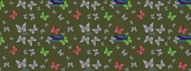 Çizim kalıbı. Karala, karala, karala. Tekstil baskısı için ekose kelebek. Raster illüstrasyonu. Yeşil renkler üzerine resim.