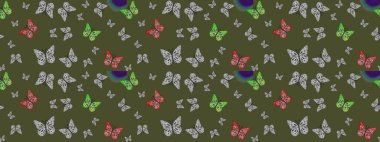 Kelebekli çizim şekli. Yeşil renkli illüstrasyon. Tekstil, kumaş, baskı ve davetiye geçmişi. Raster..