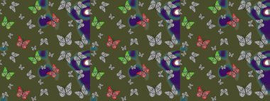 Şirin kelebeklerin güzel çizim şekli. Raster. Moda Kumaşı Tasarımı. Yeşil renkli resimler. El çizimi illüstrasyon.