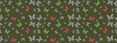 Giysi tasarımı için dekor arka planı. Yeşil kelebek deseni. Parmak izi dokuları için sevimli kelebek çizimi deseni. Raster illüstrasyonu.