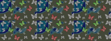 Kumaş, kağıt, ambalaj kâğıdı ve duvar kağıdı tasarımı için harika bir arka plan. Yeşil kelebekler. Robot resim. Egzotik hayvanlar. Raster illüstrasyonu.