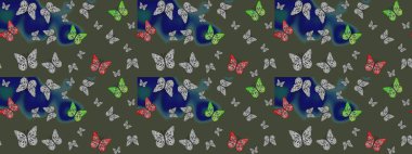 Renkli kelebeklerin eskiz geçmişi. Raster illüstrasyonu. Giysi tasarımı için yeşil arkaplanda dekor.