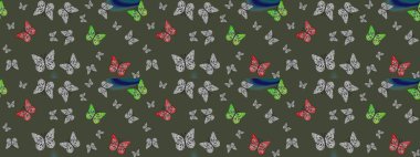 Dekoratif Raster çizimi. Elle çizilmiş kelebeklerle. Yeşil renklerin soyut arkaplanı. Renkli romantik kelebekler eskiz kalıbı arka planı.