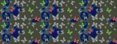 Raster. Sırtın için parlak bir dövme. Tropik gerçekçi kelebek. Kelebek tasviri. Yeşil arka planda güzel renkli kelebek.