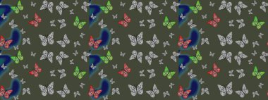 Kumaş, kağıt, ambalaj kâğıdı ve duvar kağıdı tasarımı için hoş bir arka plan. Raster illüstrasyonu. Yeşil arkaplanda kelebek deseni.