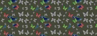 Raster illüstrasyonu. Dekoratif el çizimi kelebekler. Güzel bir kumaş tasarımı. Yeşil renkte resim.